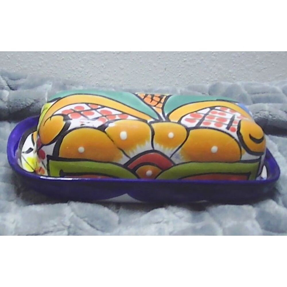 Talavera Butter Dish Hand Painted Floral Folk Art Pottery Mexico 7x3.25x2.5"